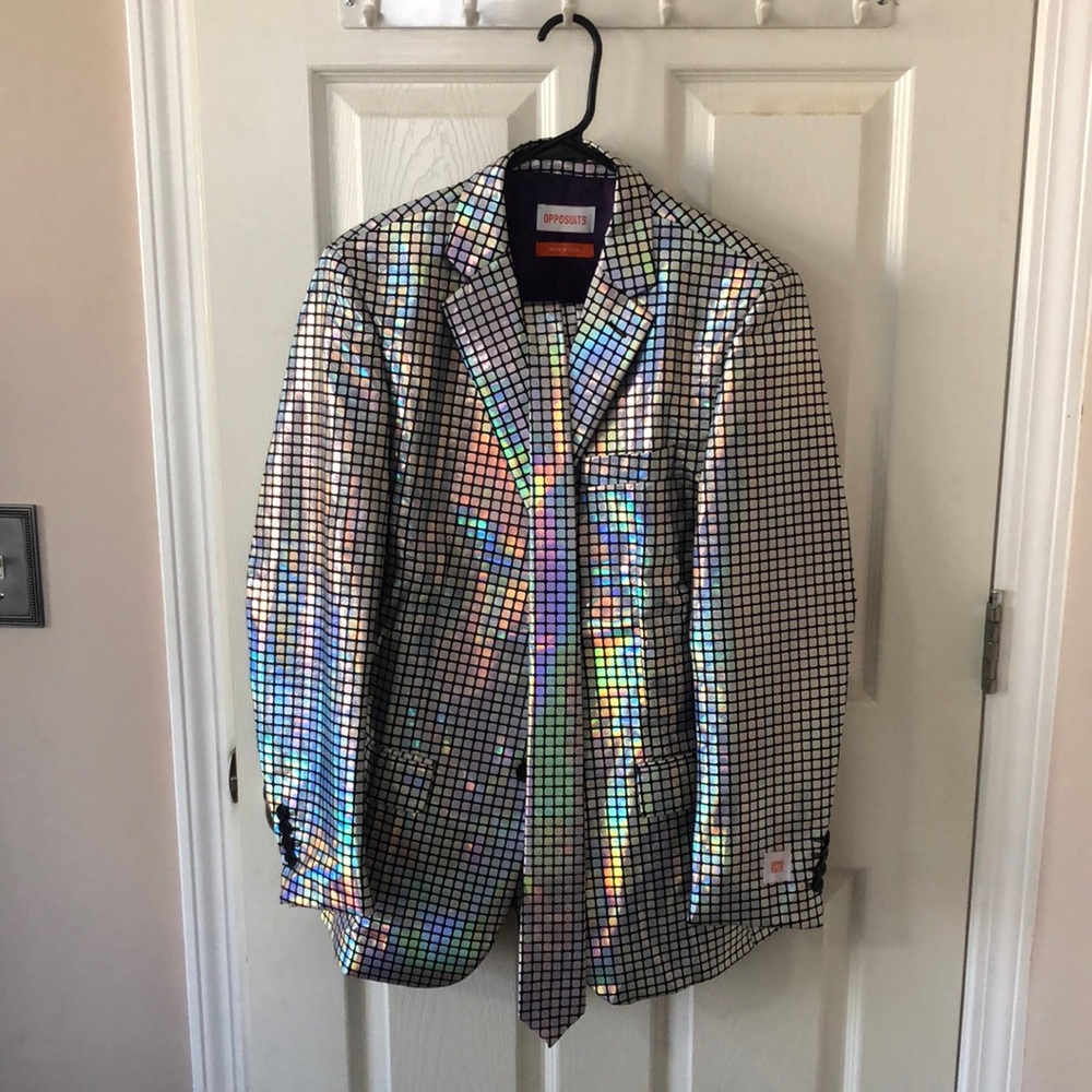 Amazing Opposuits Discoballer suit with matching pants, tie, and jacket!